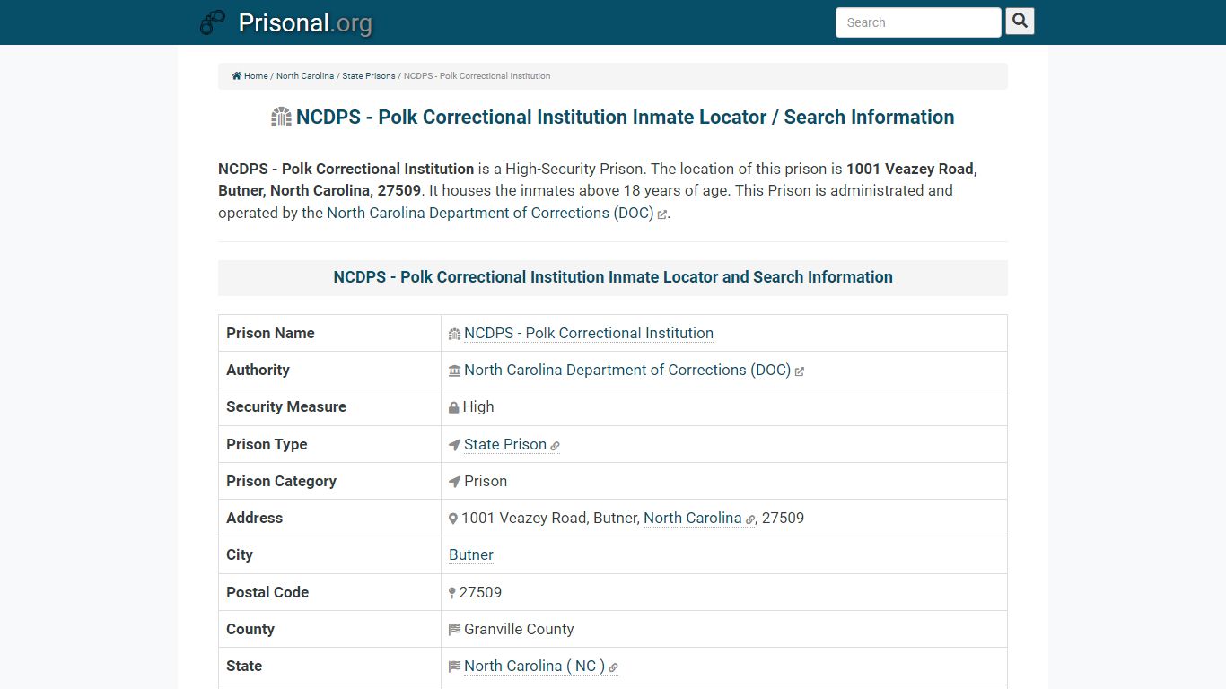 NCDPS - Polk Correctional Institution-Inmate Locator ...